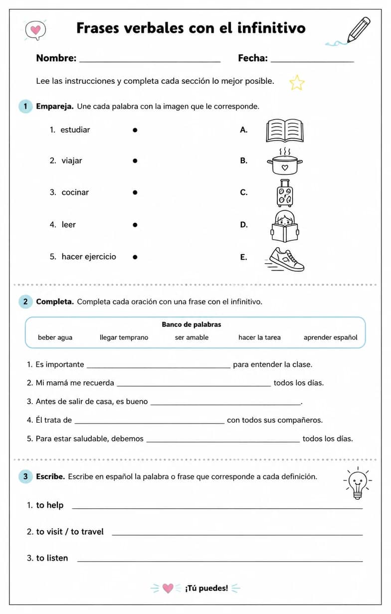 Reconocer palabras, frases o oraciones en español relacionadas con frases infinitivas. — free printable High School Spanish worksheet