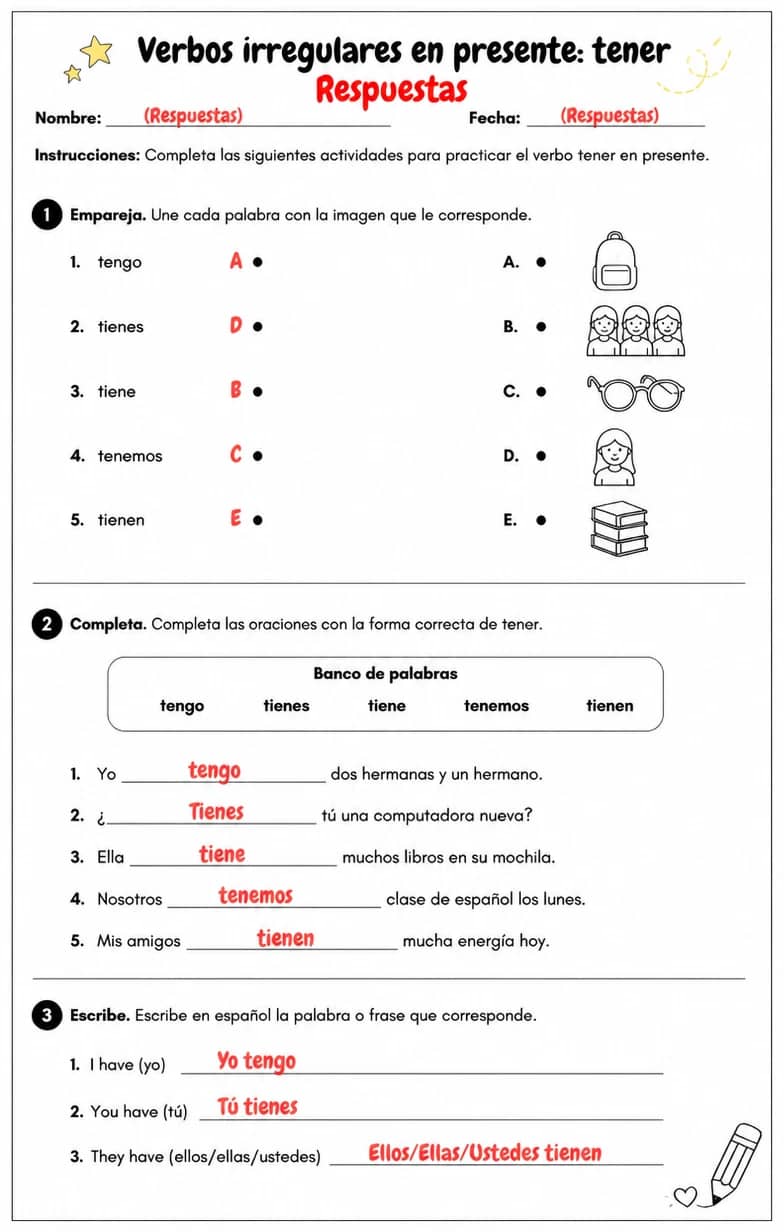 Answer key for Reconocer palabras, frases o oraciones en español relacionadas con tener. — free printable Spanish worksheet