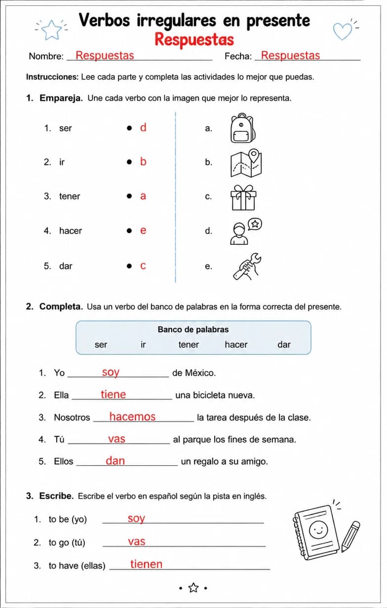 Answer key for Reconocer palabras, frases o oraciones en español relacionadas con ver. — free printable Spanish worksheet