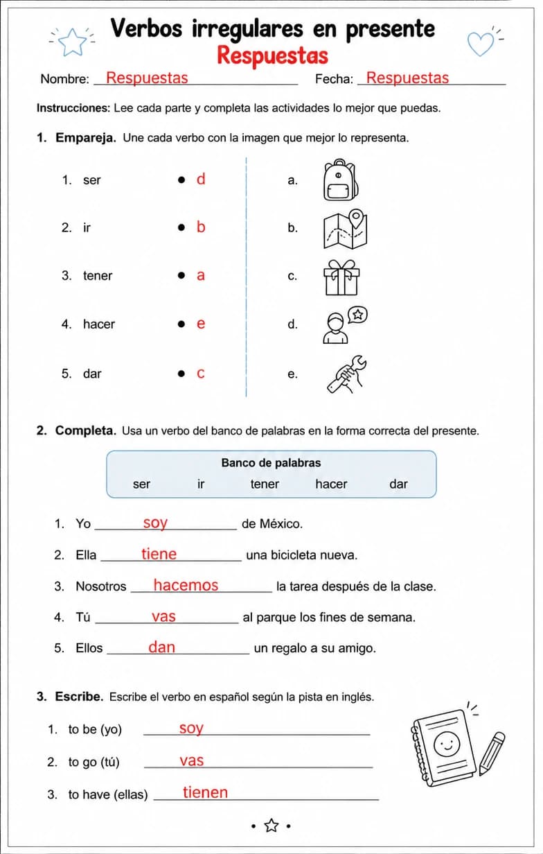 Answer key for Reconocer palabras, frases o oraciones en español relacionadas con ver. — free printable Spanish worksheet