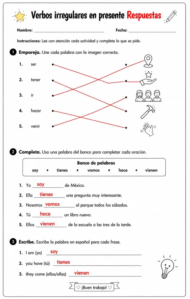 Answer key for Reconocer palabras, frases o oraciones en español relacionadas con formas irregulares comunes. — free printable Spanish worksheet