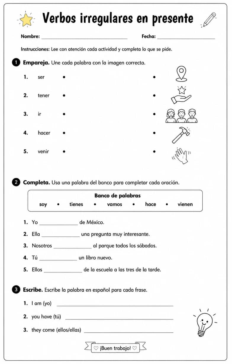 Reconocer palabras, frases o oraciones en español relacionadas con formas irregulares comunes. — free printable High School Spanish worksheet