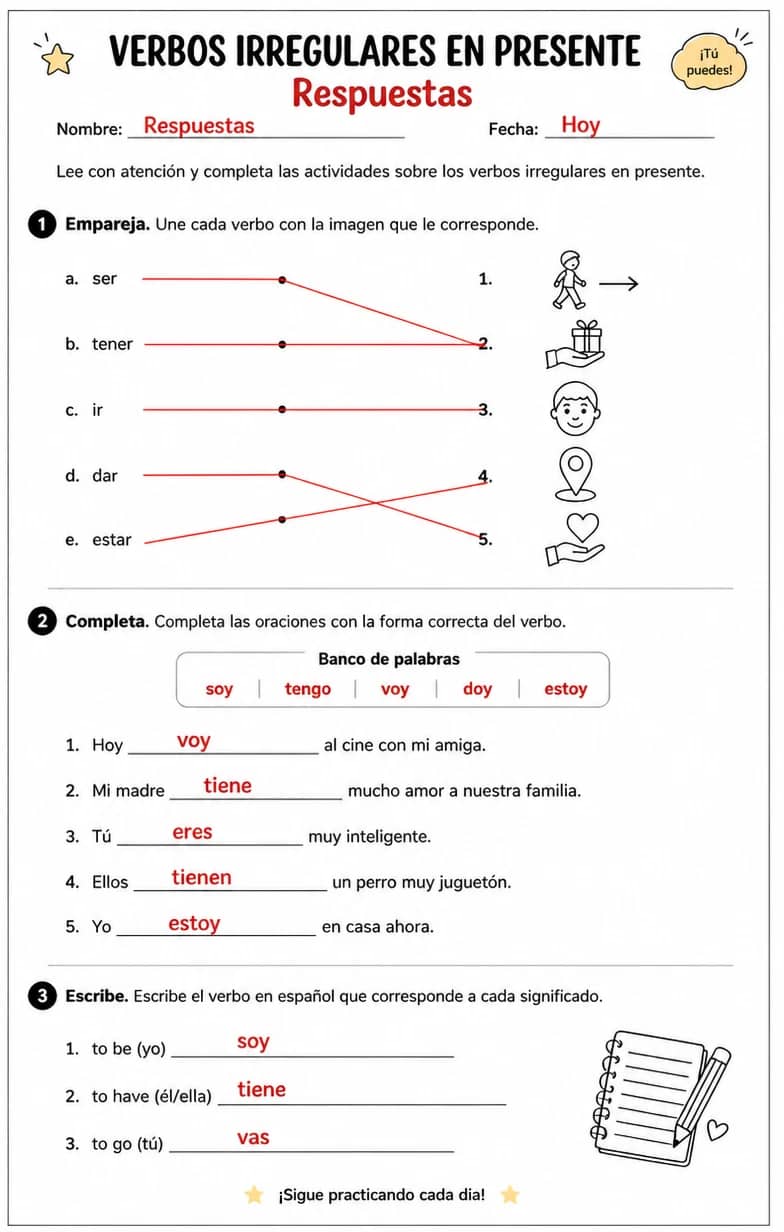 Answer key for Reconocer palabras, frases o oraciones en español relacionadas con la selección del presente. — free printable Spanish worksheet