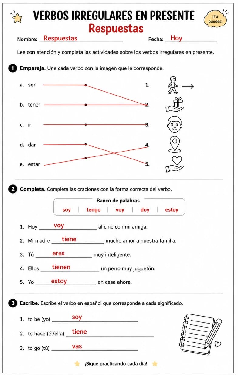 Answer key for Reconocer palabras, frases o oraciones en español relacionadas con la selección del presente. — free printable Spanish worksheet