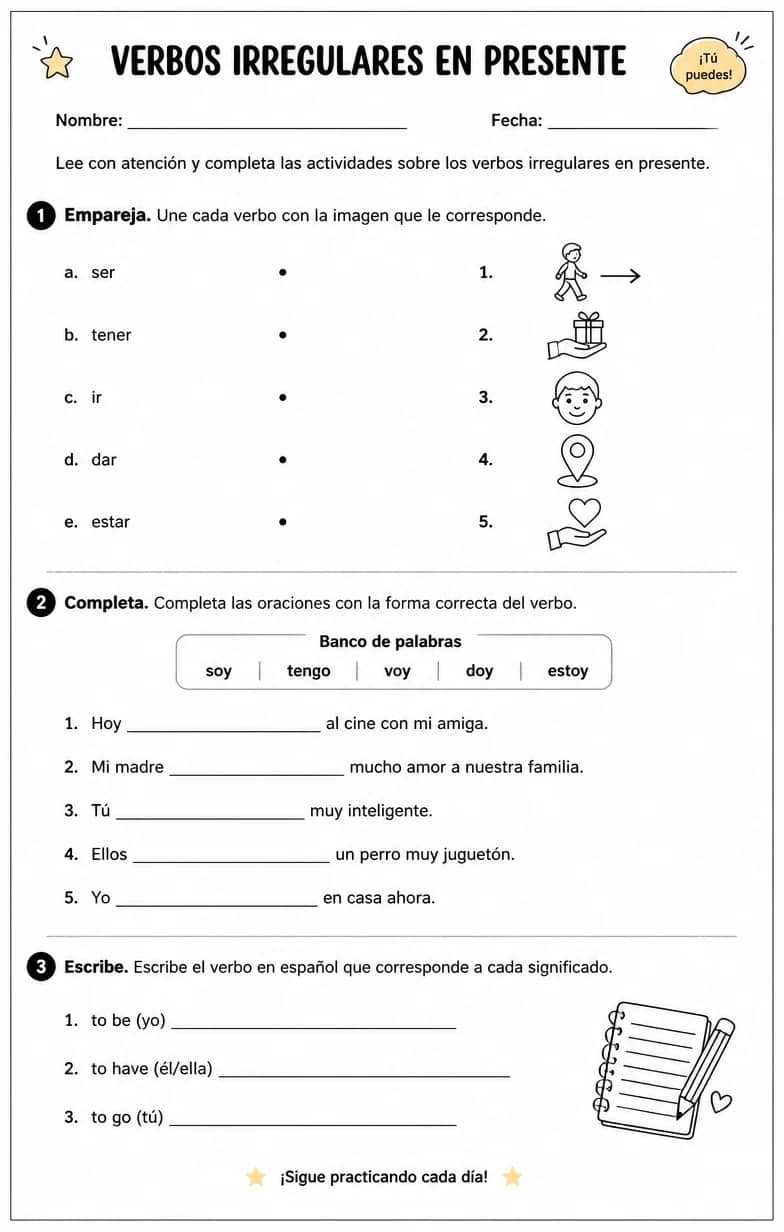 Reconocer palabras, frases o oraciones en español relacionadas con la selección del presente. — free printable High School Spanish worksheet