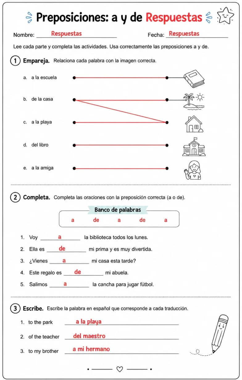 Answer key for Reconocer palabras, frases o oraciones en español relacionadas con a y de. — free printable Spanish worksheet