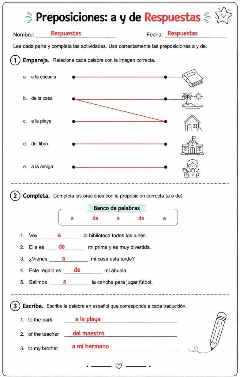 Answer key for Reconocer palabras, frases o oraciones en español relacionadas con a y de. — free printable Spanish worksheet