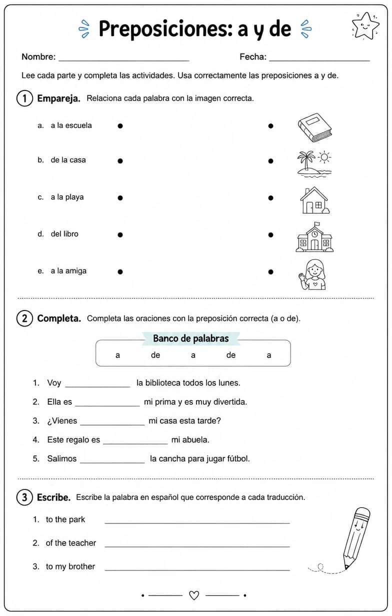 Reconocer palabras, frases o oraciones en español relacionadas con a y de. — free printable Middle School Spanish worksheet