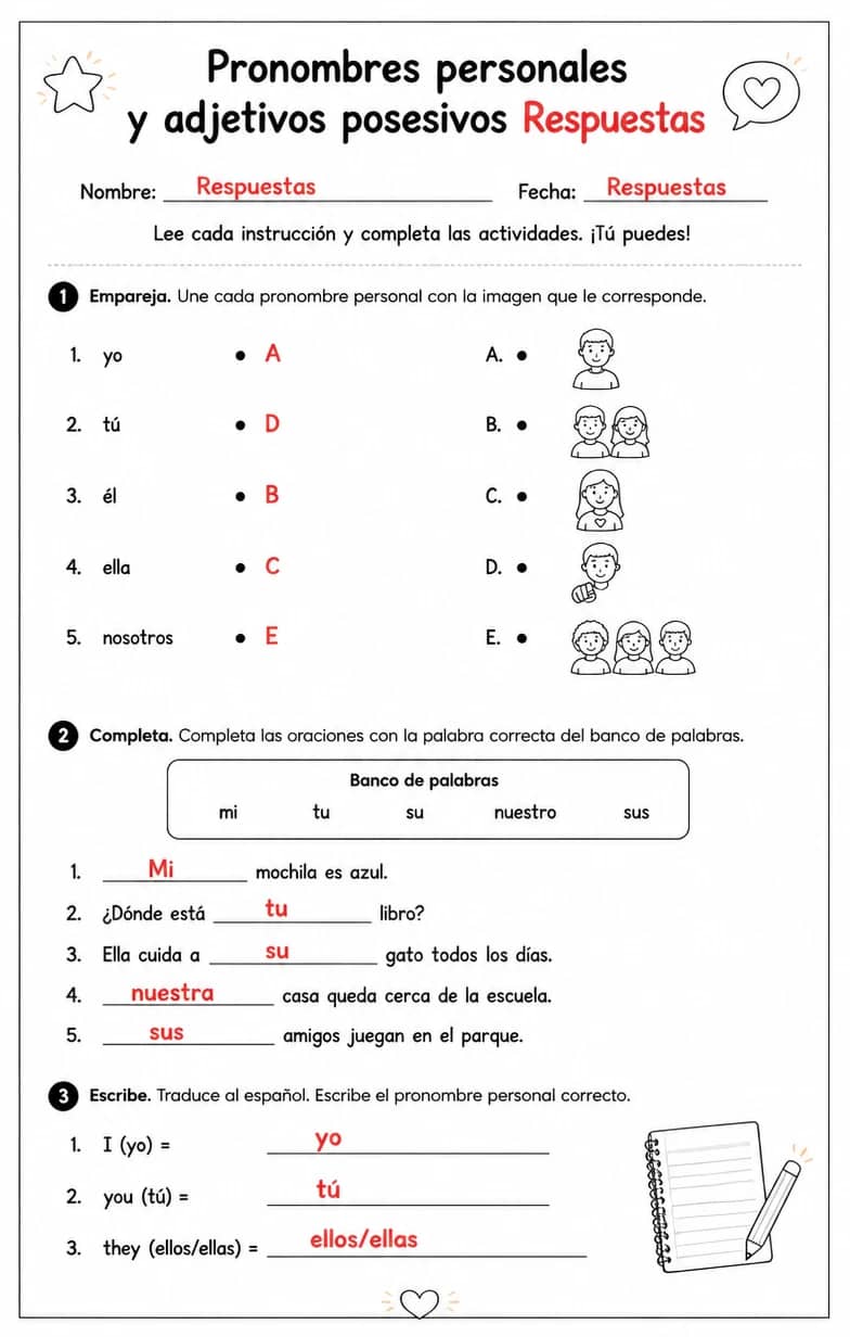 Answer key for Reconocer palabras, frases o oraciones en español relacionadas con pronombres sujetos. — free printable Spanish worksheet