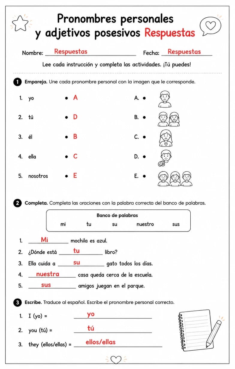 Answer key for Reconocer palabras, frases o oraciones en español relacionadas con pronombres sujetos. — free printable Spanish worksheet
