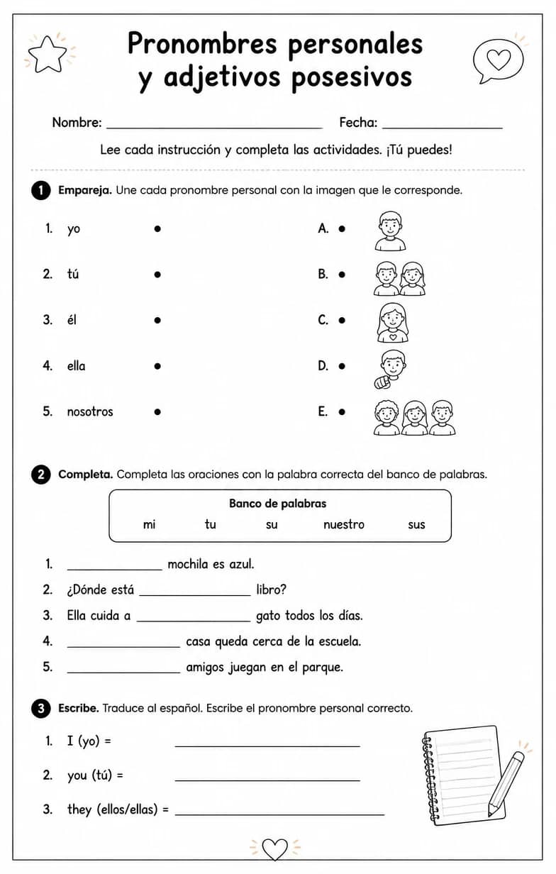 Reconocer palabras, frases o oraciones en español relacionadas con pronombres sujetos. — free printable Middle School Spanish worksheet