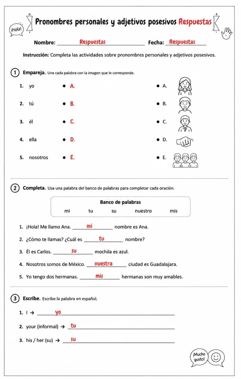 Answer key for Reconocer palabras, frases o oraciones en español relacionadas con saludos e introducciones. — free printable Spanish worksheet