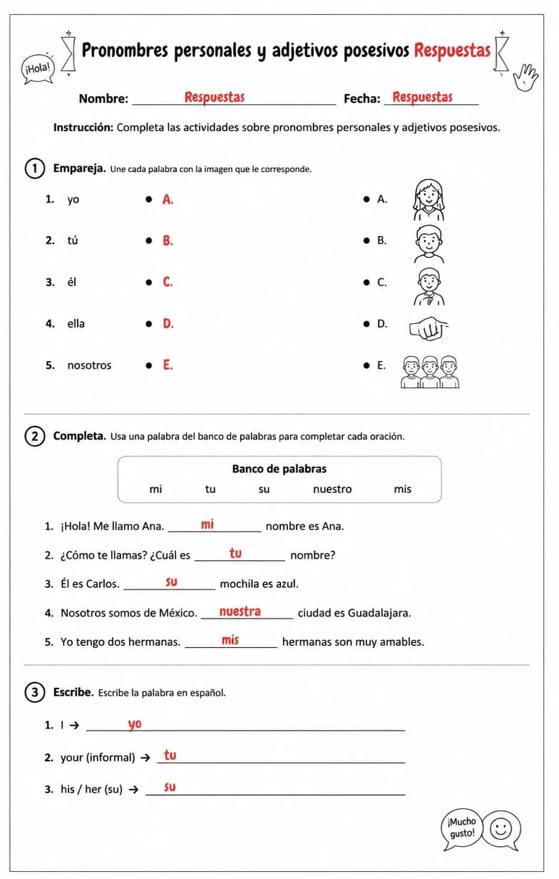 Answer key for Reconocer palabras, frases o oraciones en español relacionadas con saludos e introducciones. — free printable Spanish worksheet