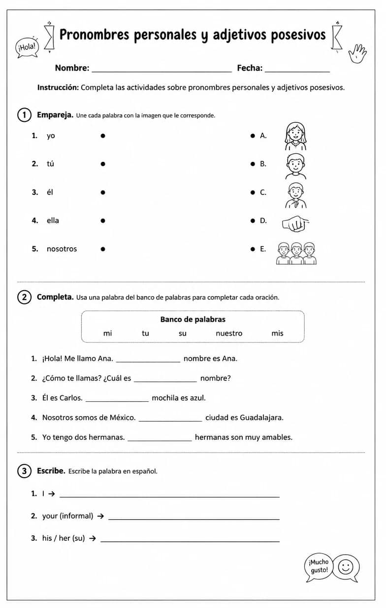 Reconocer palabras, frases o oraciones en español relacionadas con saludos e introducciones. — free printable Middle School Spanish worksheet