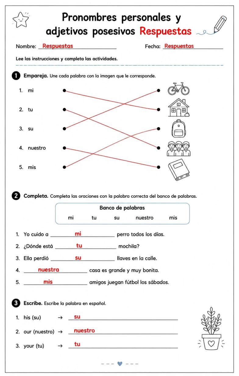 Answer key for Reconocer palabras, frases o oraciones en español relacionadas con adjetivos posesivos. — free printable Spanish worksheet