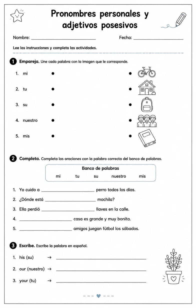 Reconocer palabras, frases o oraciones en español relacionadas con adjetivos posesivos. — free printable Middle School Spanish worksheet