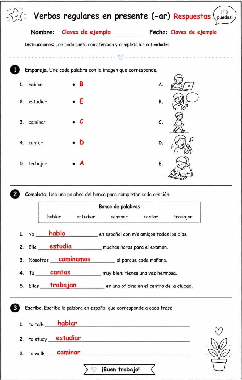 Answer key for Reconocer palabras, frases o oraciones en español relacionadas con verbos regulares -ar. — free printable Spanish worksheet