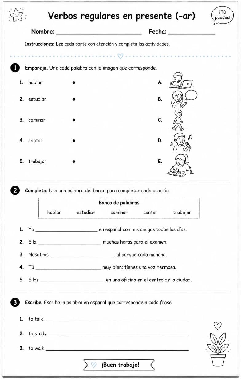 Reconocer palabras, frases o oraciones en español relacionadas con verbos regulares -ar. — free printable Middle School Spanish worksheet