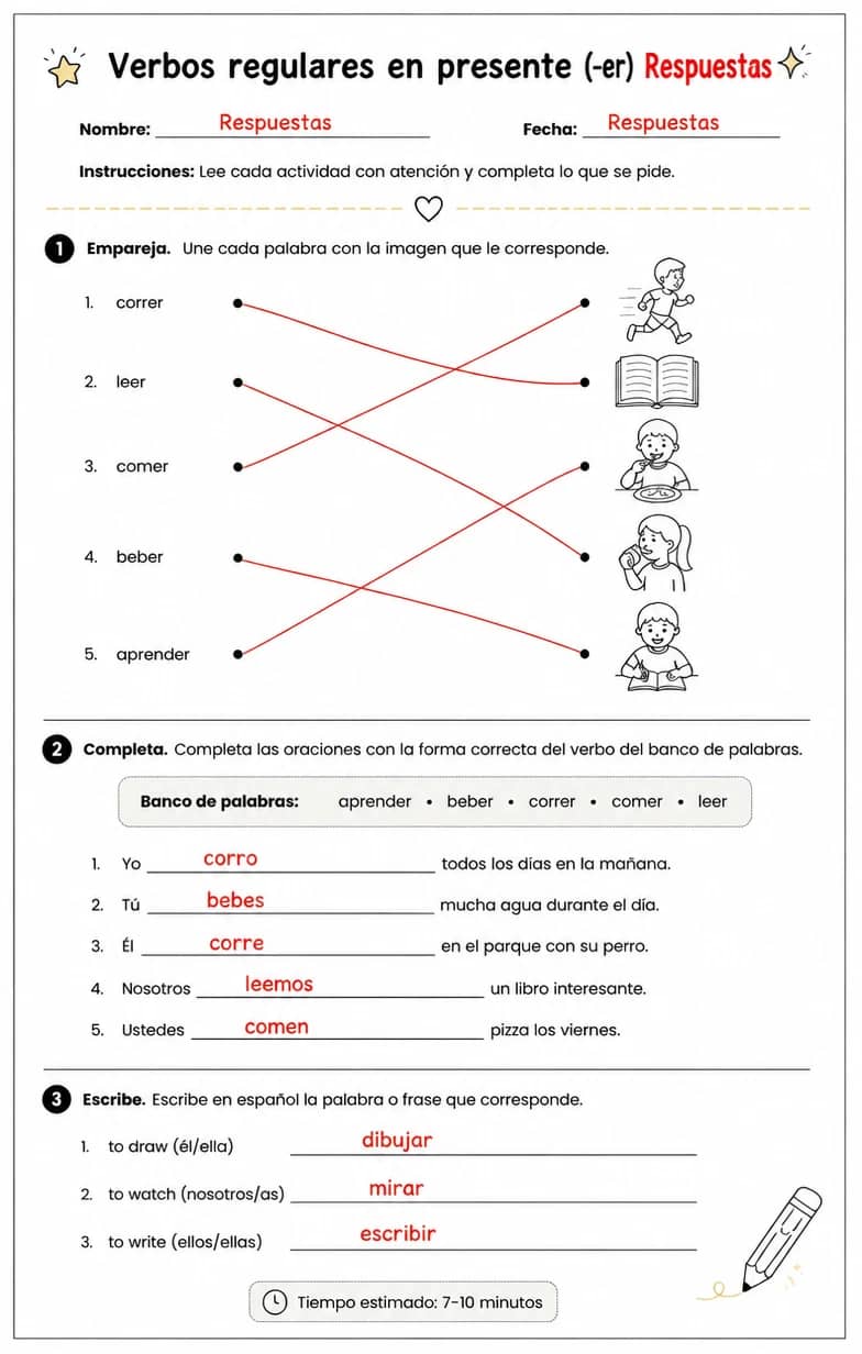 Answer key for Reconocer palabras, frases o oraciones en español relacionadas con los verbos regulares -er. — free printable Spanish worksheet