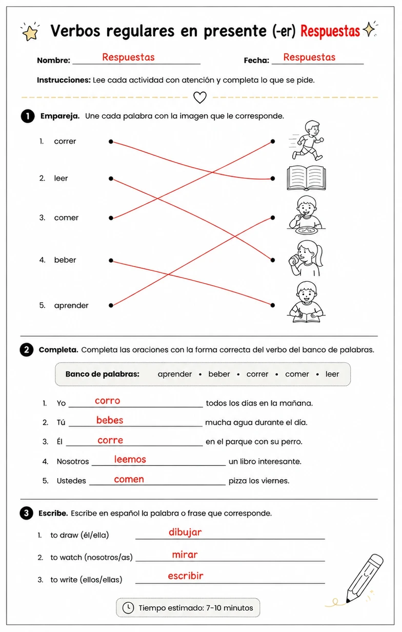 Answer key for Reconocer palabras, frases o oraciones en español relacionadas con los verbos regulares -er. — free printable Spanish worksheet