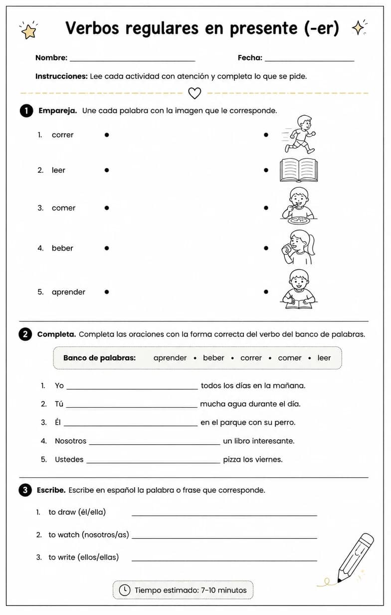 Reconocer palabras, frases o oraciones en español relacionadas con los verbos regulares -er. — free printable Middle School Spanish worksheet