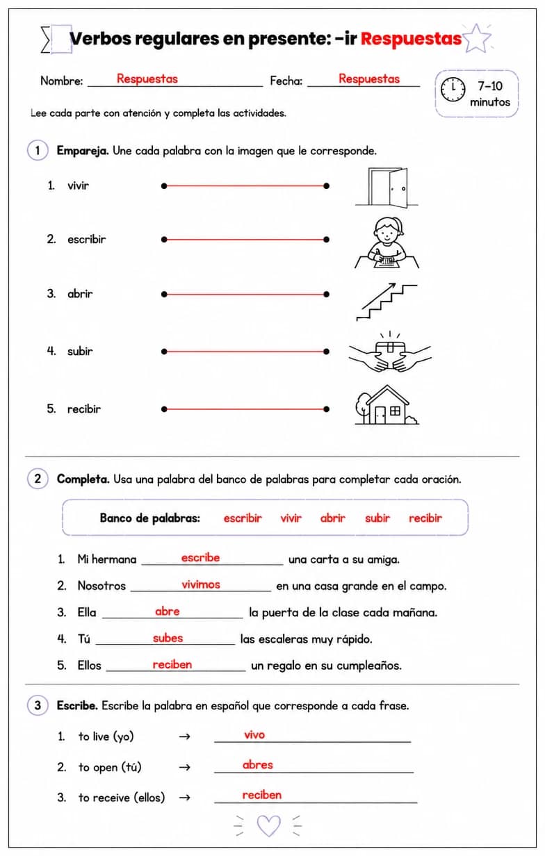 Answer key for Reconocer palabras, frases o oraciones en español relacionadas con los verbos regulares -ir. — free printable Spanish worksheet