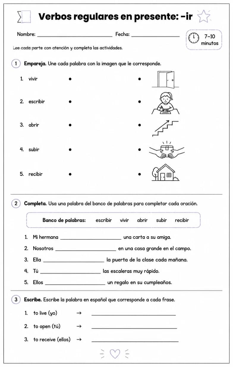Reconocer palabras, frases o oraciones en español relacionadas con los verbos regulares -ir. — free printable Middle School Spanish worksheet