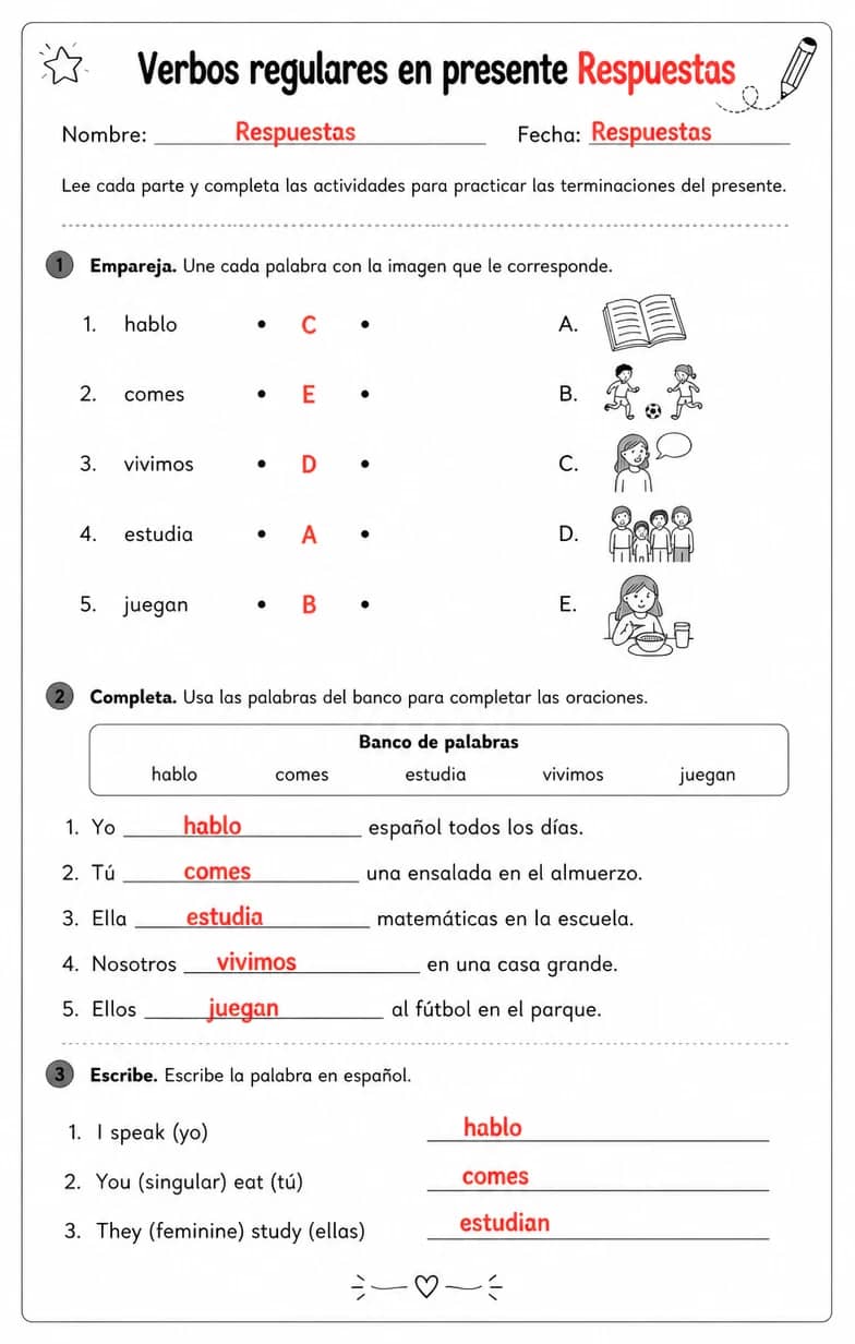 Answer key for Reconocer palabras, frases o oraciones en español relacionadas con las terminaciones del presente. — free printable Spanish worksheet