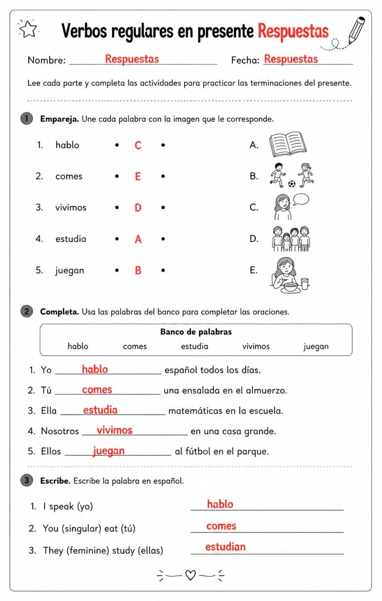 Answer key for Reconocer palabras, frases o oraciones en español relacionadas con las terminaciones del presente. — free printable Spanish worksheet