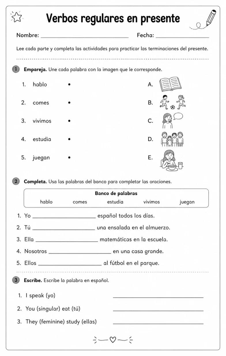 Reconocer palabras, frases o oraciones en español relacionadas con las terminaciones del presente. — free printable Middle School Spanish worksheet