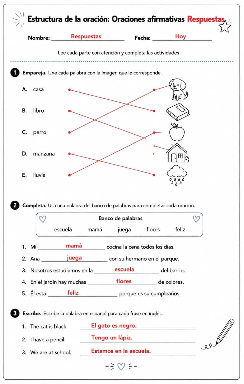 Answer key for Reconocer palabras, frases o oraciones en español relacionadas con oraciones afirmativas. — free printable Spanish worksheet
