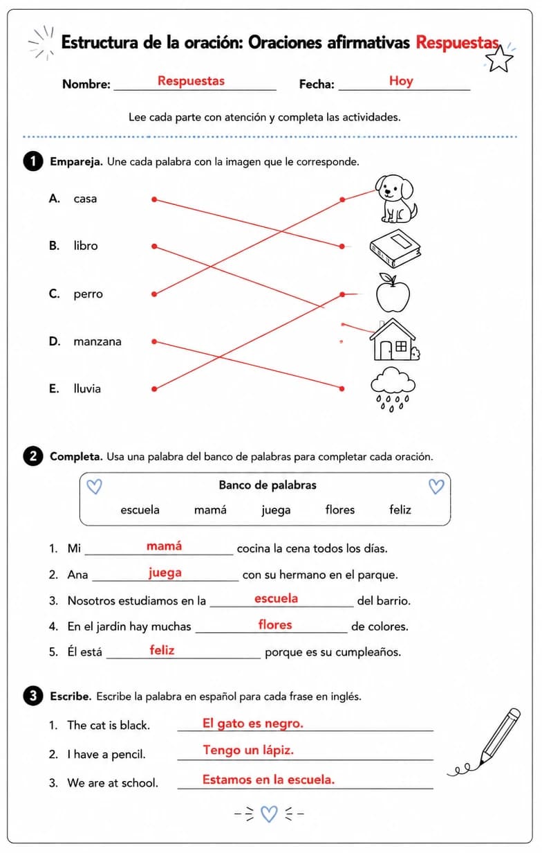 Answer key for Reconocer palabras, frases o oraciones en español relacionadas con oraciones afirmativas. — free printable Spanish worksheet