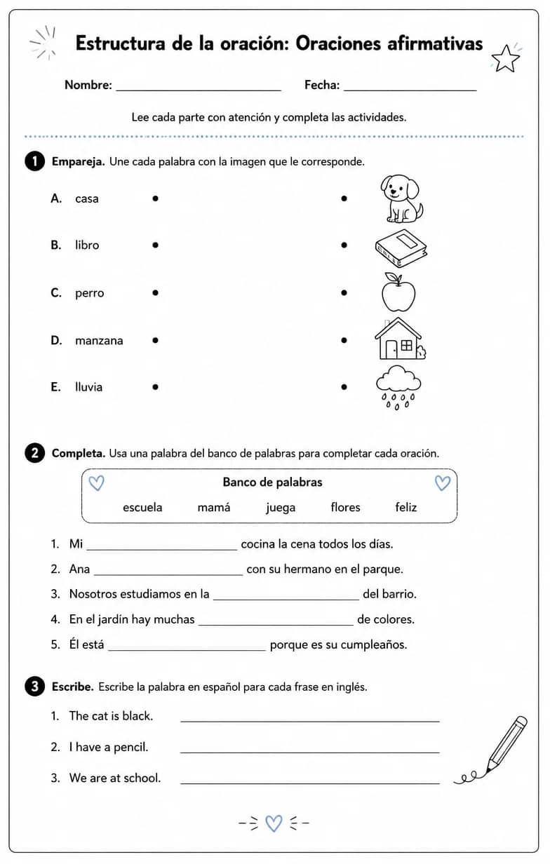 Reconocer palabras, frases o oraciones en español relacionadas con oraciones afirmativas. — free printable Middle School Spanish worksheet