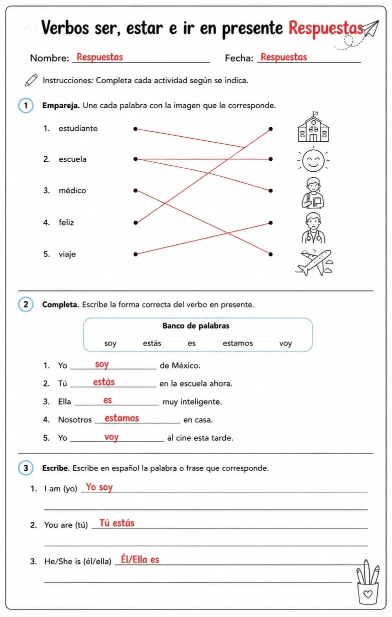 Answer key for Reconocer palabras, frases o oraciones en español relacionadas con ser. — free printable Spanish worksheet