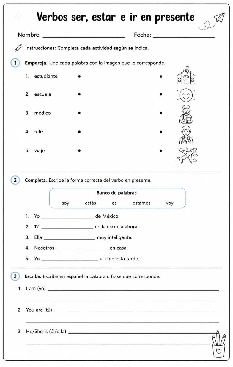 Reconocer palabras, frases o oraciones en español relacionadas con ser. — free printable Middle School Spanish worksheet