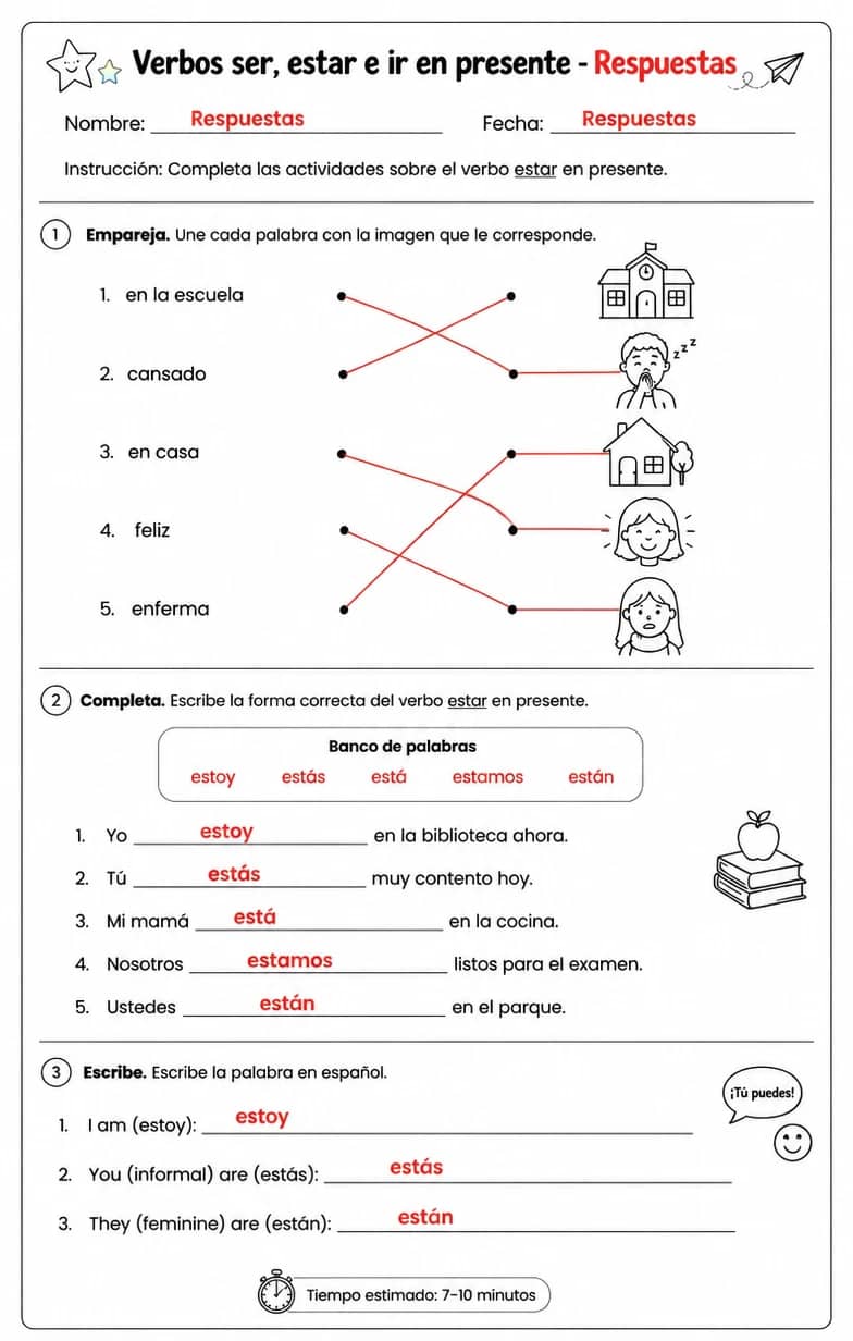 Answer key for Reconocer palabras, frases o oraciones en español relacionadas con estar. — free printable Spanish worksheet