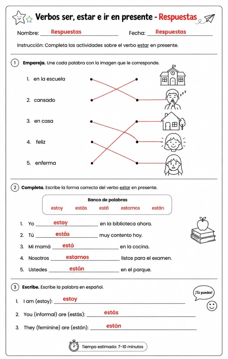 Answer key for Reconocer palabras, frases o oraciones en español relacionadas con estar. — free printable Spanish worksheet