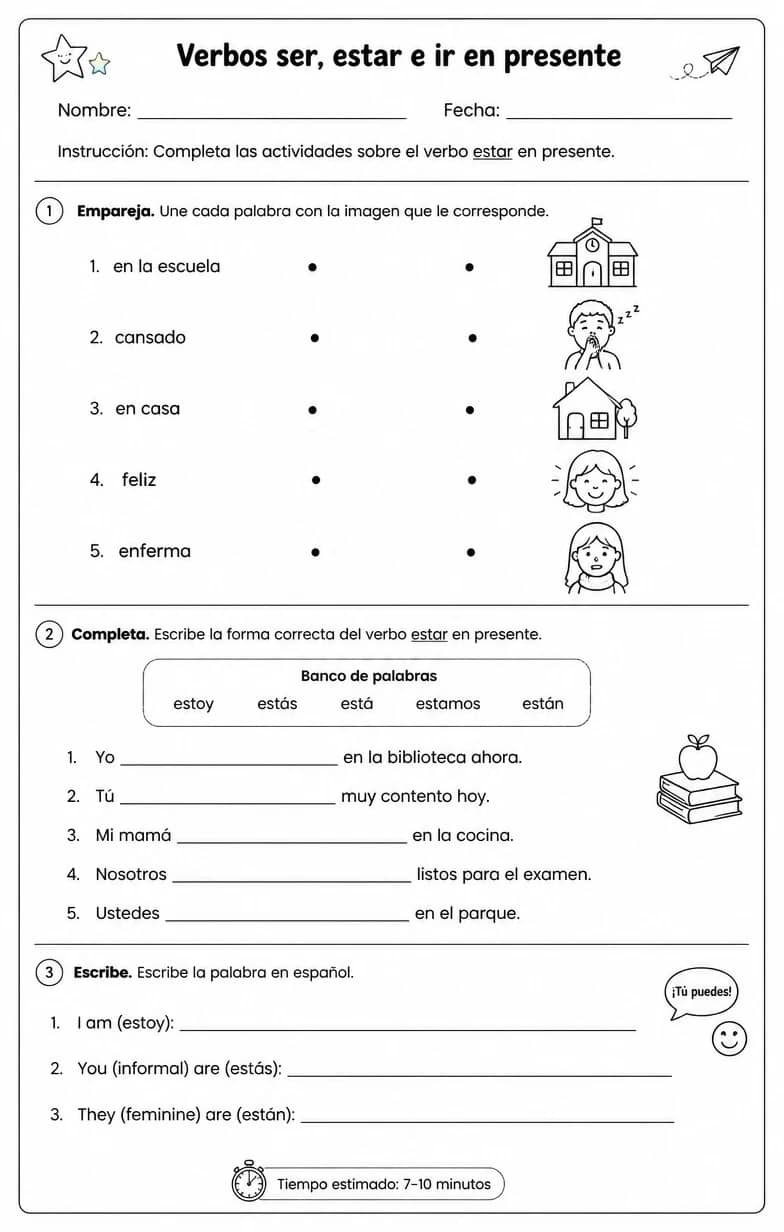 Reconocer palabras, frases o oraciones en español relacionadas con estar. — free printable Middle School Spanish worksheet