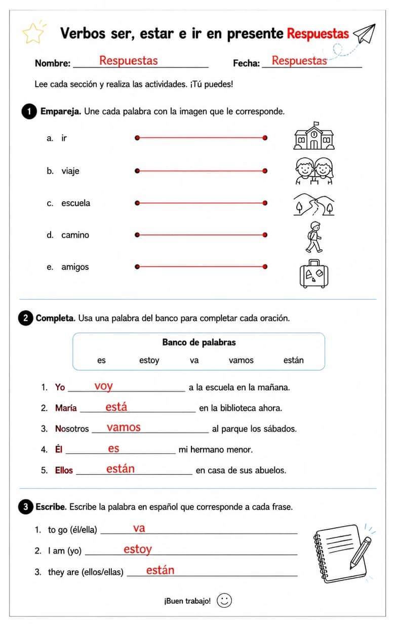 Answer key for Reconocer palabras, frases o oraciones en español relacionadas con ir. — free printable Spanish worksheet