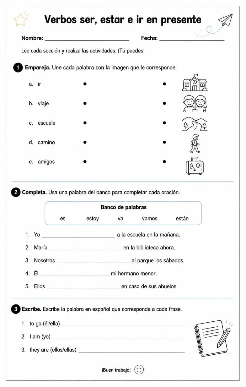 Reconocer palabras, frases o oraciones en español relacionadas con ir. — free printable Middle School Spanish worksheet