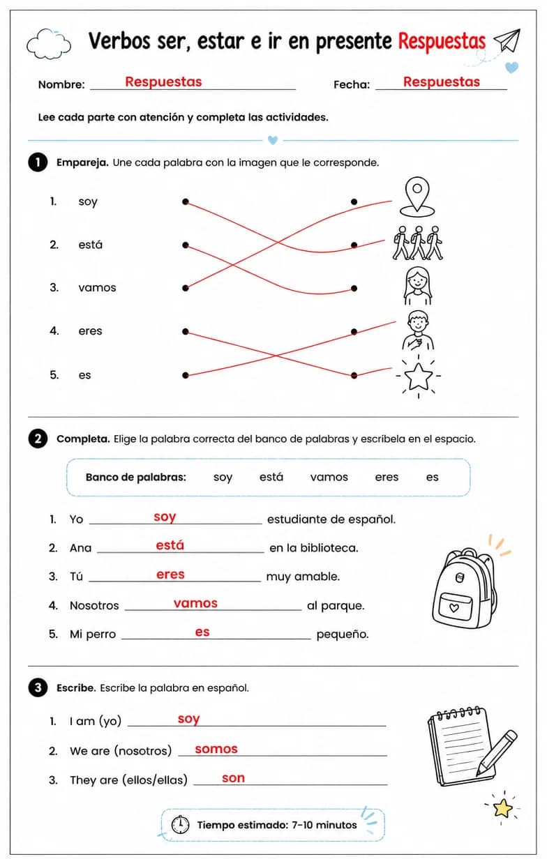 Answer key for Reconocer palabras, frases o oraciones en español relacionadas con verbos irregulares en presente. — free printable Spanish worksheet