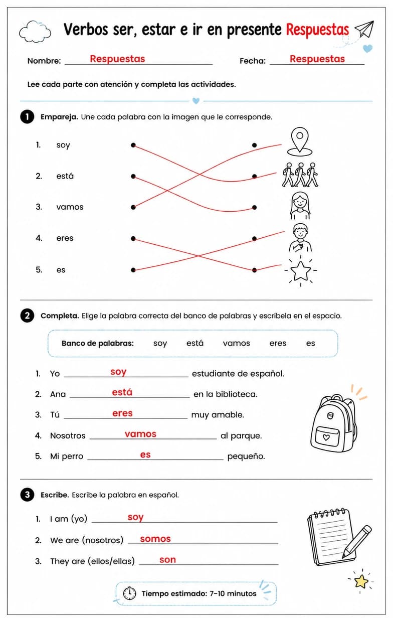 Answer key for Reconocer palabras, frases o oraciones en español relacionadas con verbos irregulares en presente. — free printable Spanish worksheet
