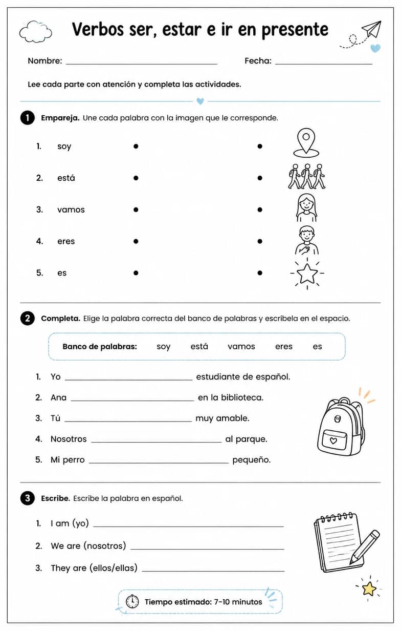 Reconocer palabras, frases o oraciones en español relacionadas con verbos irregulares en presente. — free printable Middle School Spanish worksheet
