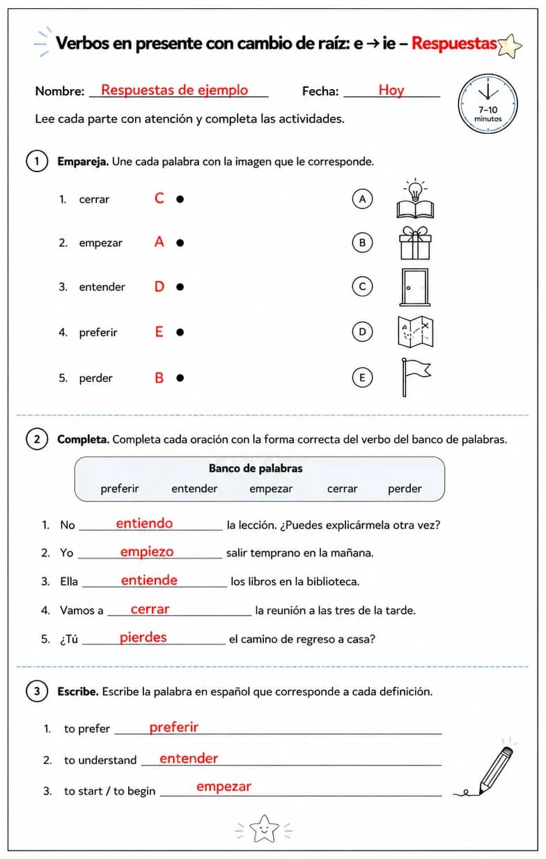 Answer key for Reconocer palabras, frases o oraciones en español relacionadas con los cambios de raíz e a ie. — free printable Spanish worksheet