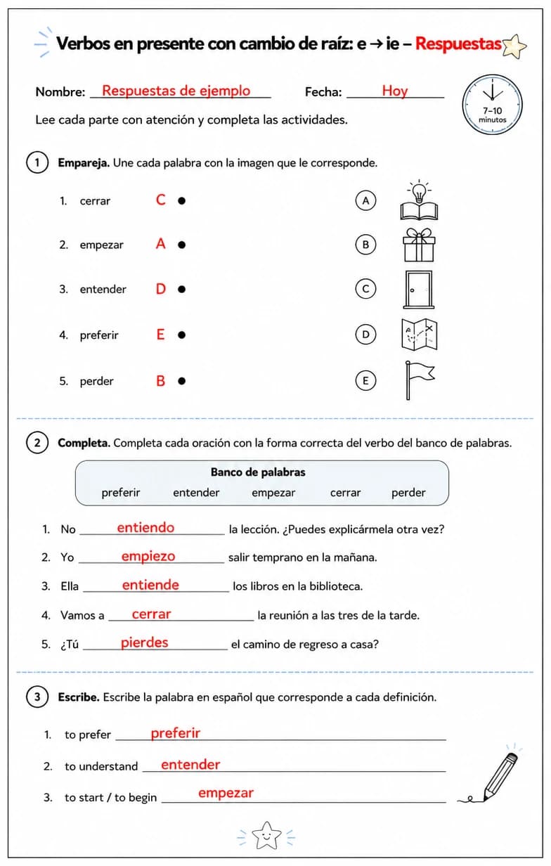 Answer key for Reconocer palabras, frases o oraciones en español relacionadas con los cambios de raíz e a ie. — free printable Spanish worksheet