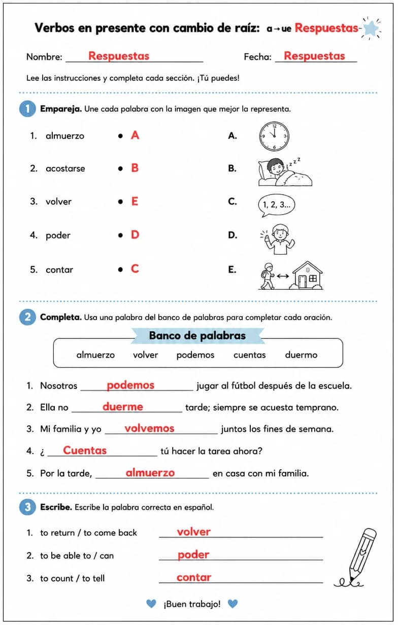 Answer key for Reconocer palabras, frases o oraciones en español relacionadas con los cambios de raíz o a ue. — free printable Spanish worksheet