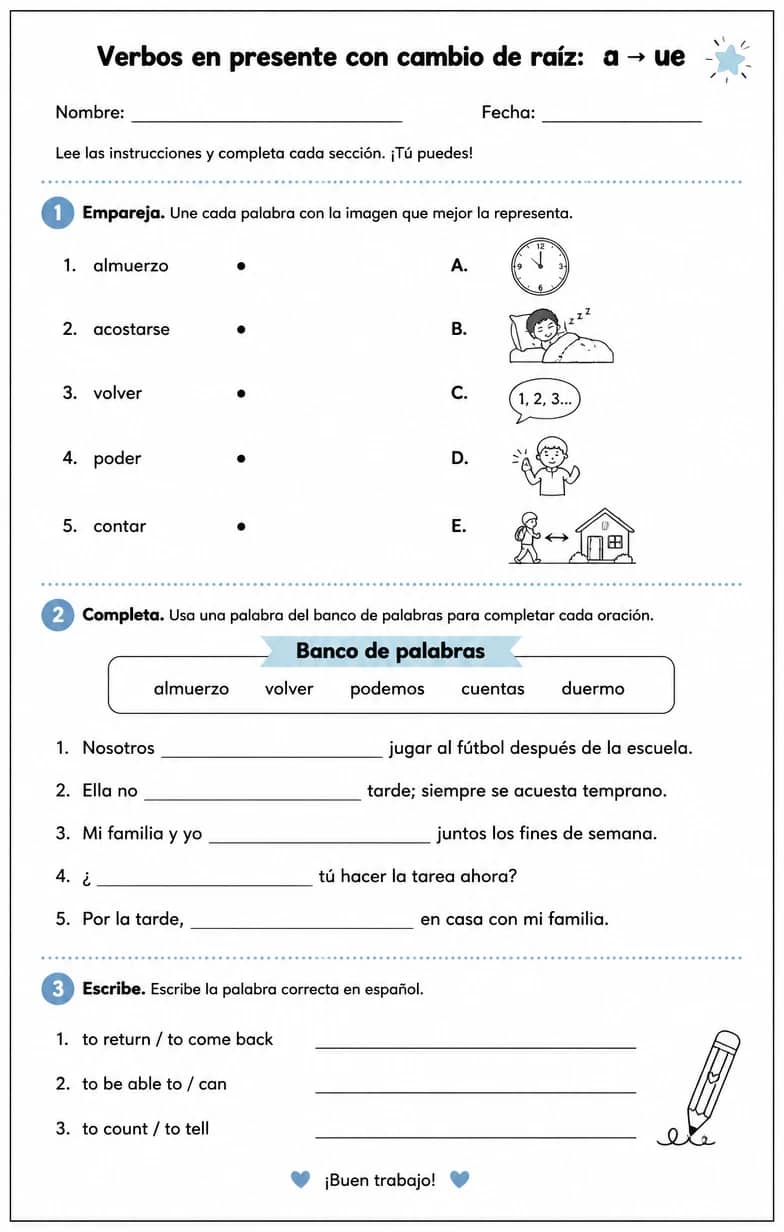 Reconocer palabras, frases o oraciones en español relacionadas con los cambios de raíz o a ue. — free printable High School Spanish worksheet