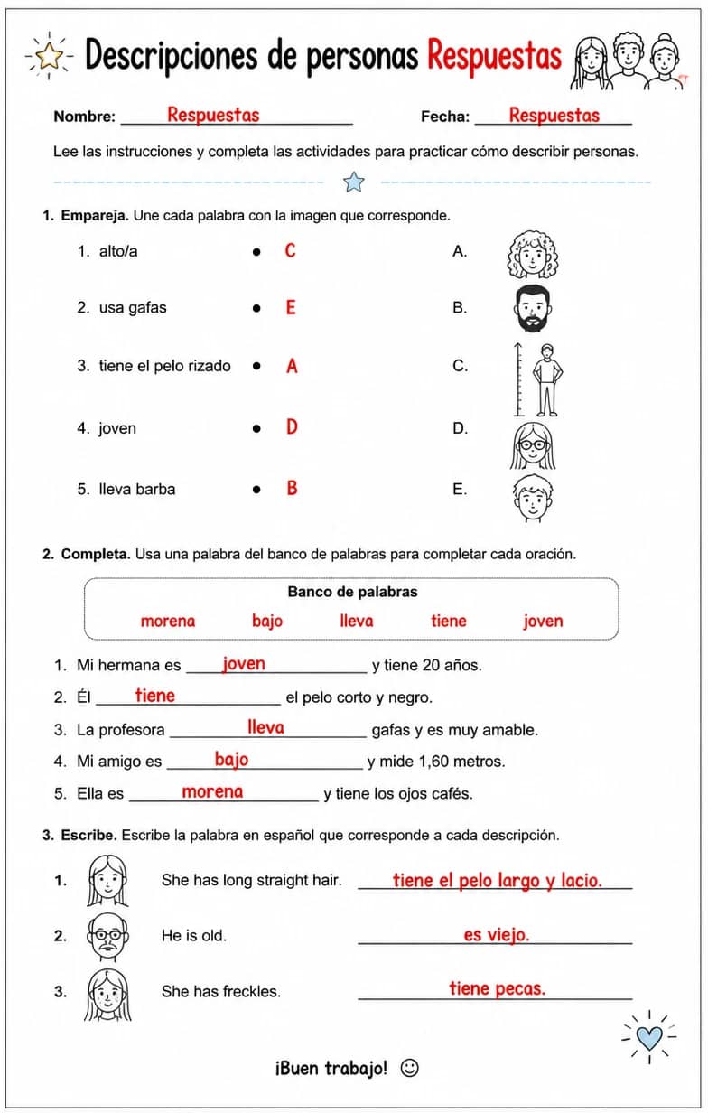 Answer key for Reconocer palabras, frases o oraciones en español relacionadas con identificar personas a partir de descripciones. — free printable Spanish worksheet