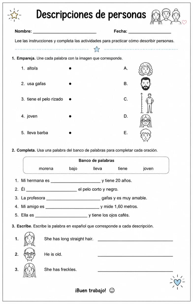 Reconocer palabras, frases o oraciones en español relacionadas con identificar personas a partir de descripciones. — free printable High School Spanish worksheet