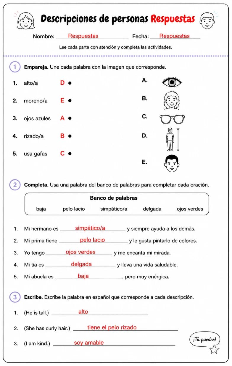 Answer key for Reconocer palabras, frases o oraciones en español relacionadas con personas describiéndose a sí mismas. — free printable Spanish worksheet